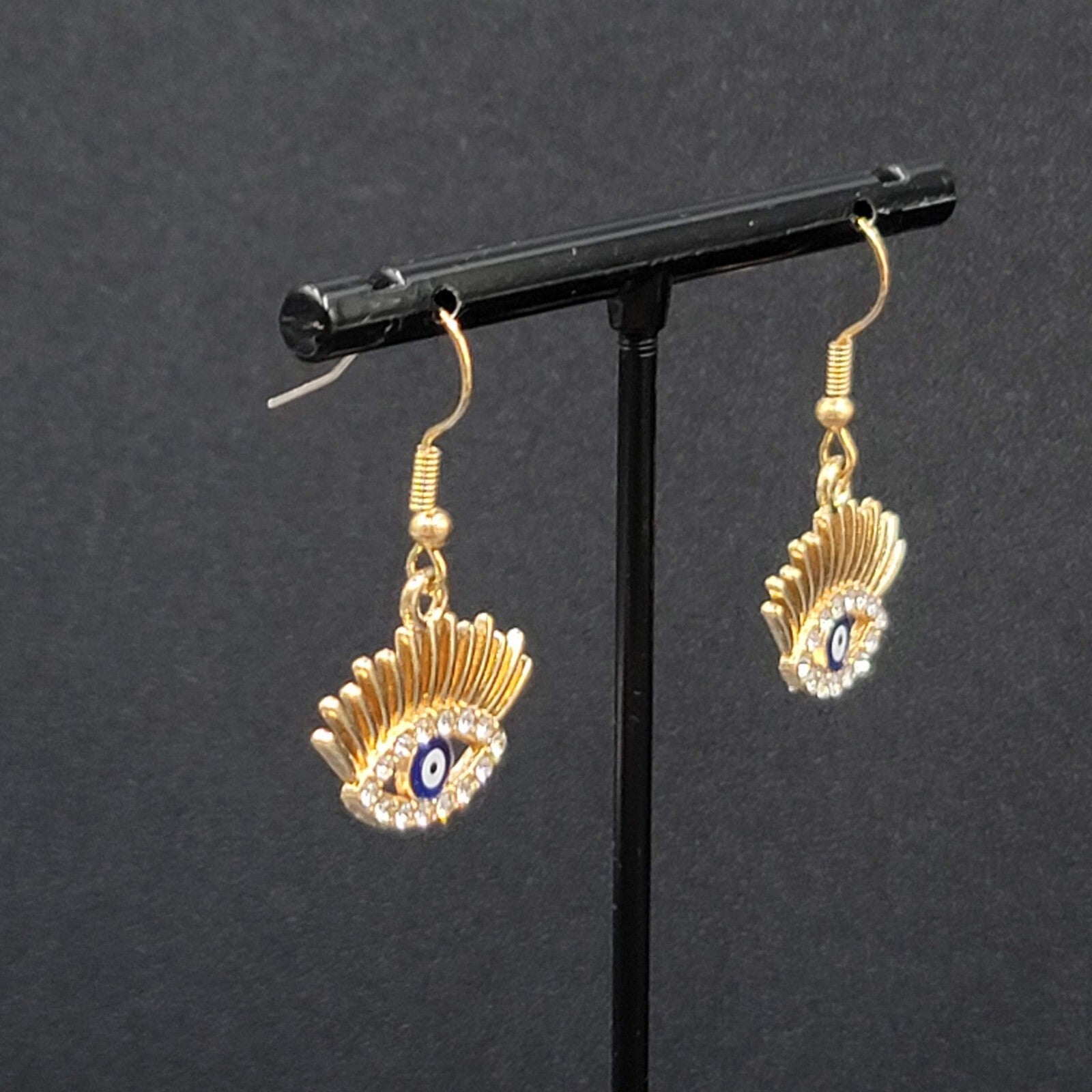 New Evil Eye Pierced Earrings Gold tone Enamel Dangle Eyelashes 5/8"