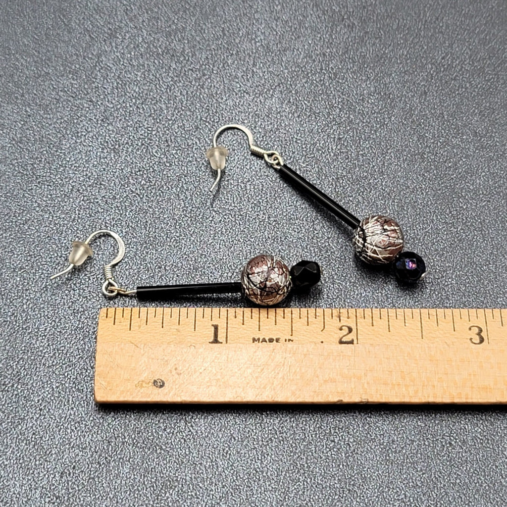 Pierced Earrings Silver tone Black Glass Bead Hand Painted 1.75"