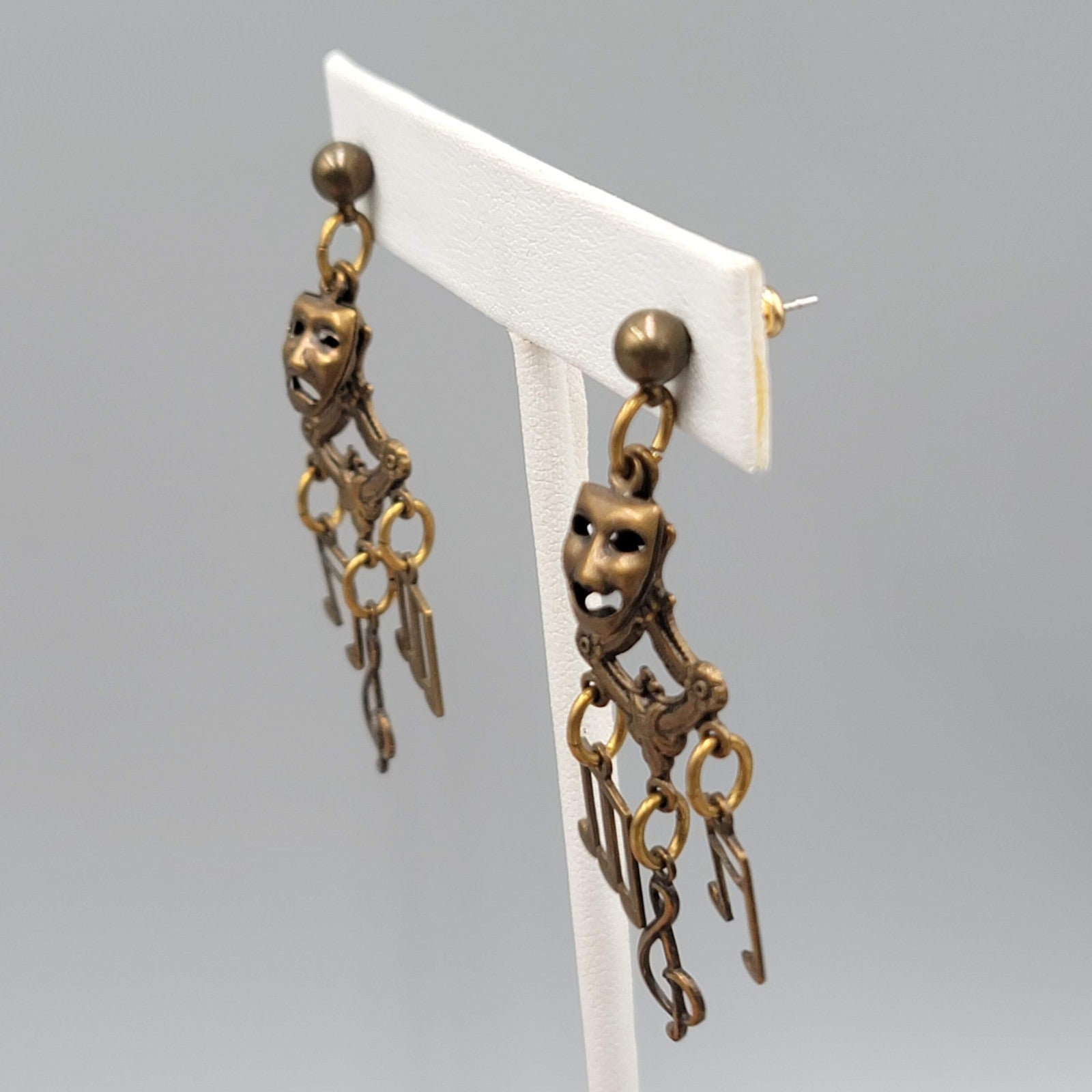Vintage Music Drama Theme Pierced Earrings Bronze tone Dangle 2 in