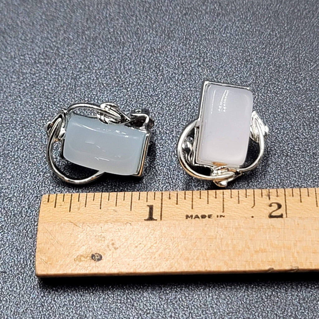 Vintage Clip on Earrings Silver tone Blue Lucite Thermoset Rectangle 7/8"