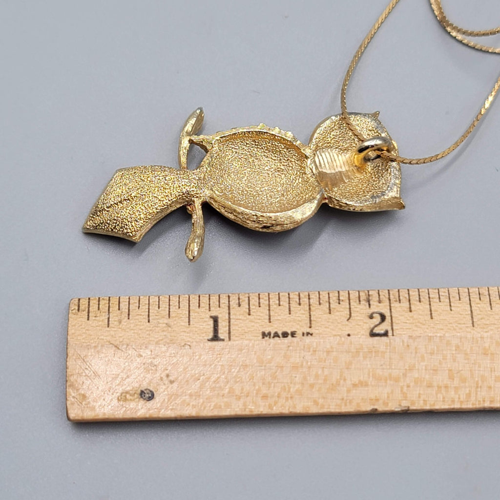 Vintage Red Enamel Owl Pendant Necklace Gold Tone Mid Century Jewelry 16"