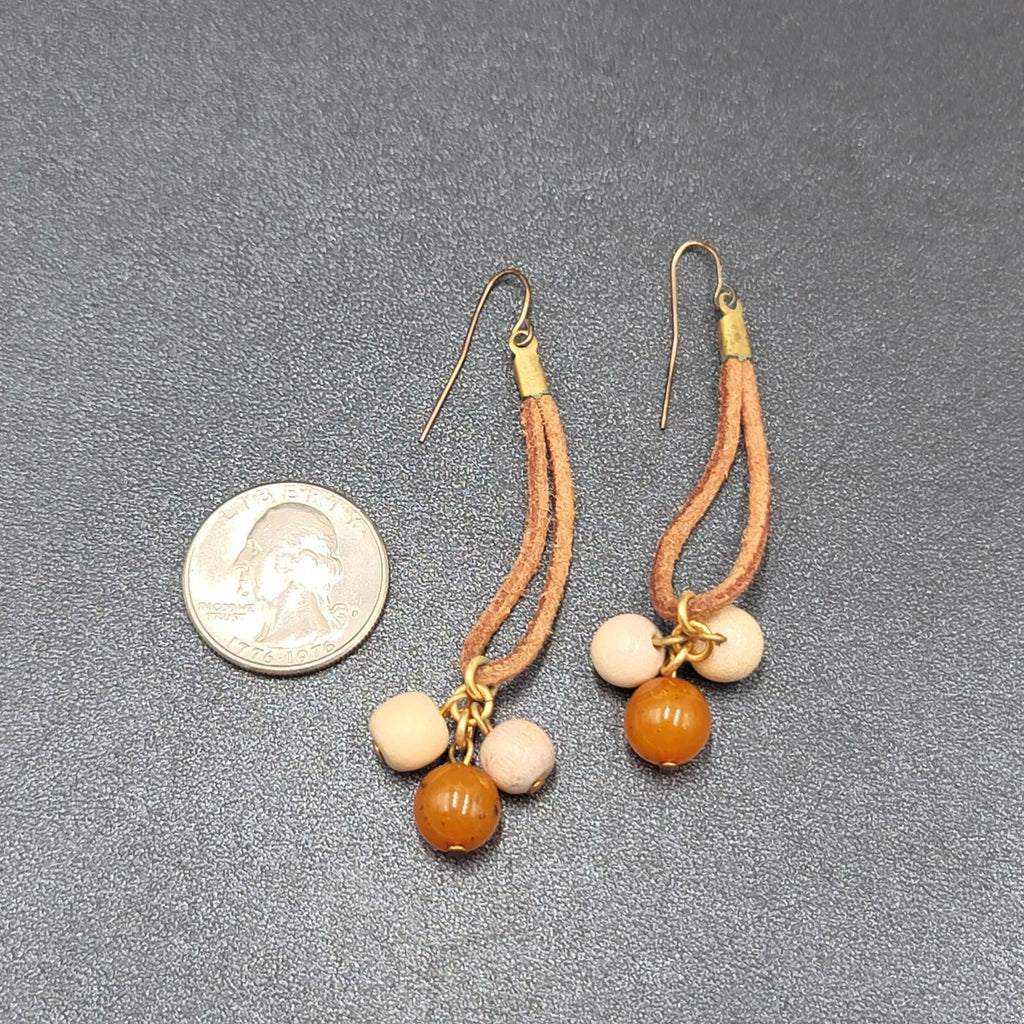 Vintage Boho Pierced Earrings Leather Stone Beaded Dangle 2.25"