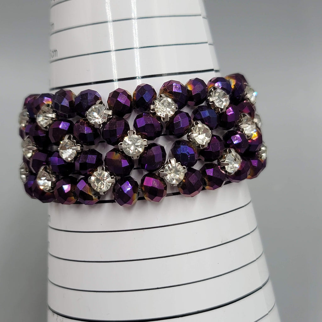Purple AB Bead Rhinestone Bracelet Elastic Wide 7 in