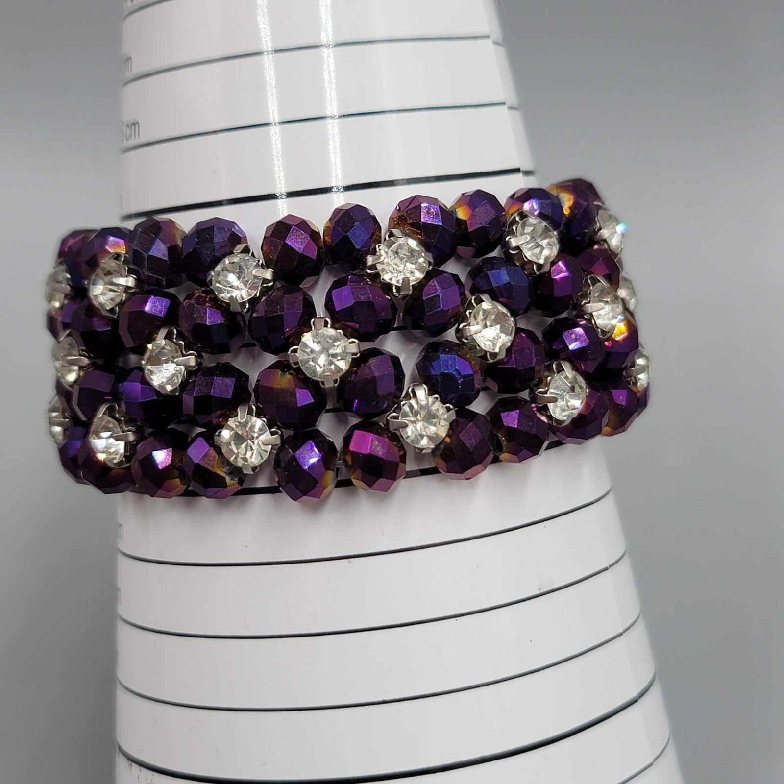 Purple AB Bead Rhinestone Bracelet Elastic Wide 7 in