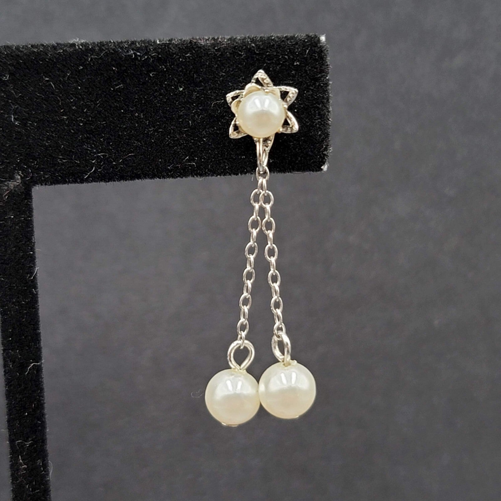 Vintage Pierced Earrings Silver tone White Bead Dangle Chains 1 3/8"