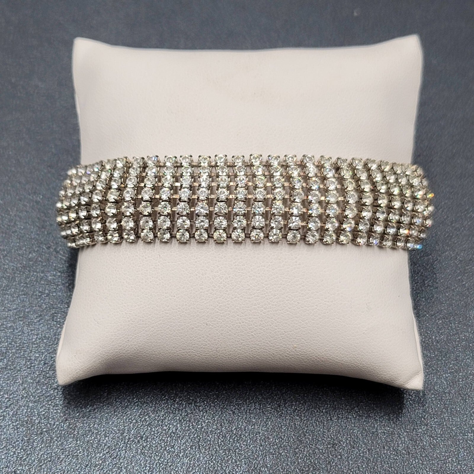 Vintage Wide Rhinestone Bracelet Silver tone 7 in