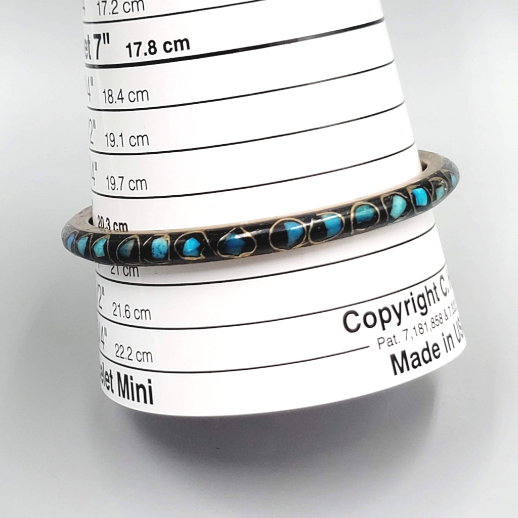 Vintage Black Blue Inlay Brass Bangle Bracelet Ethnic 8.25"