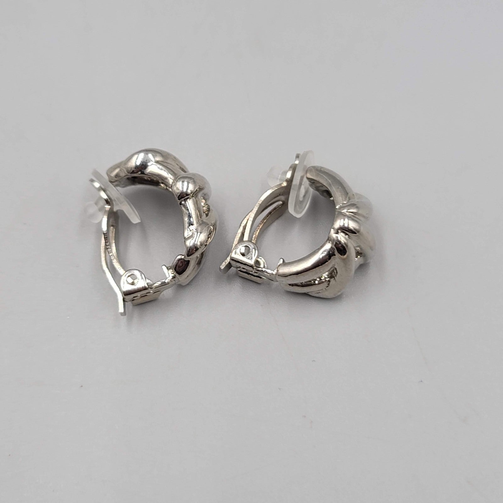 Vintage Half Hoop Clip On Earrings Silver tone Embossed Drop 3/4"