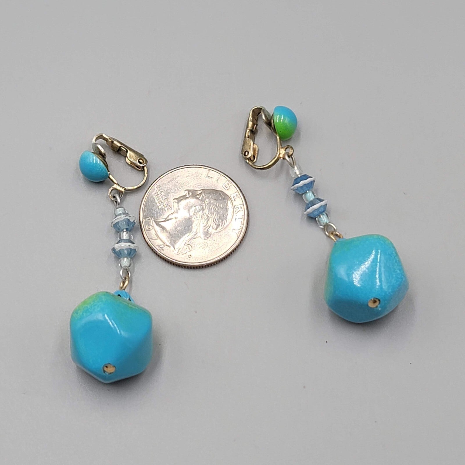 Vintage Green Blue Dangle Bead Clip on Earrings 2.25"