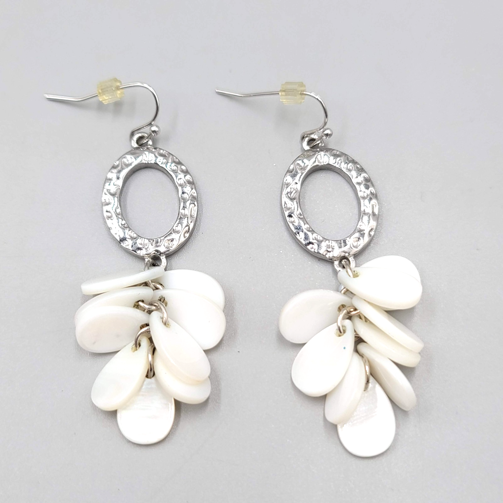 White Shell Pierced Earrings Hammered Silver tone Dangle 2 in