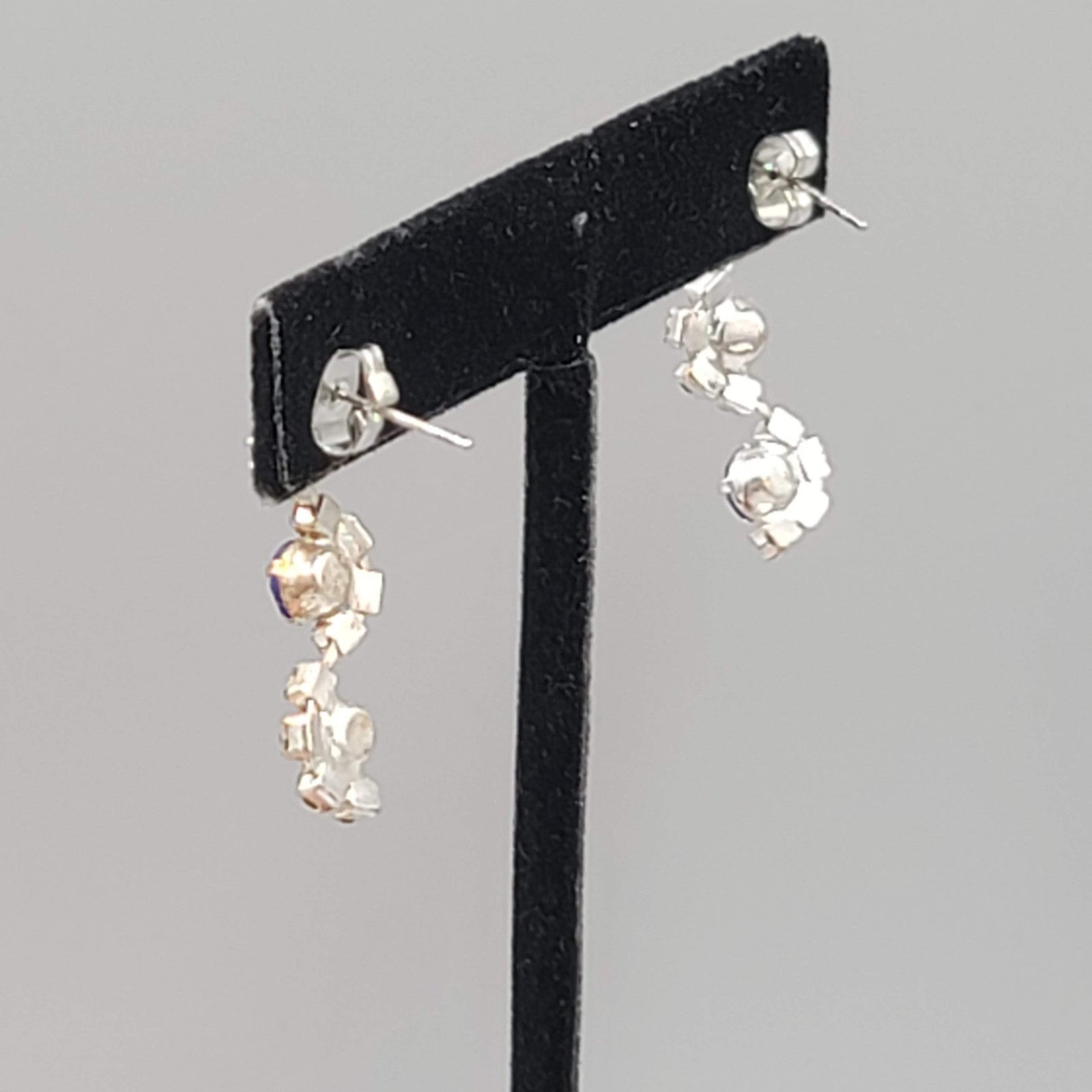 Blue Rhinestone Dangle Pierced Earrings Silver tone 1 1/8"