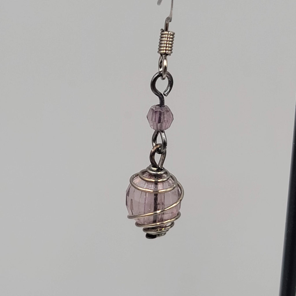 Purple Caged Bead Pierced Earrings Black Metal Dangle 1"