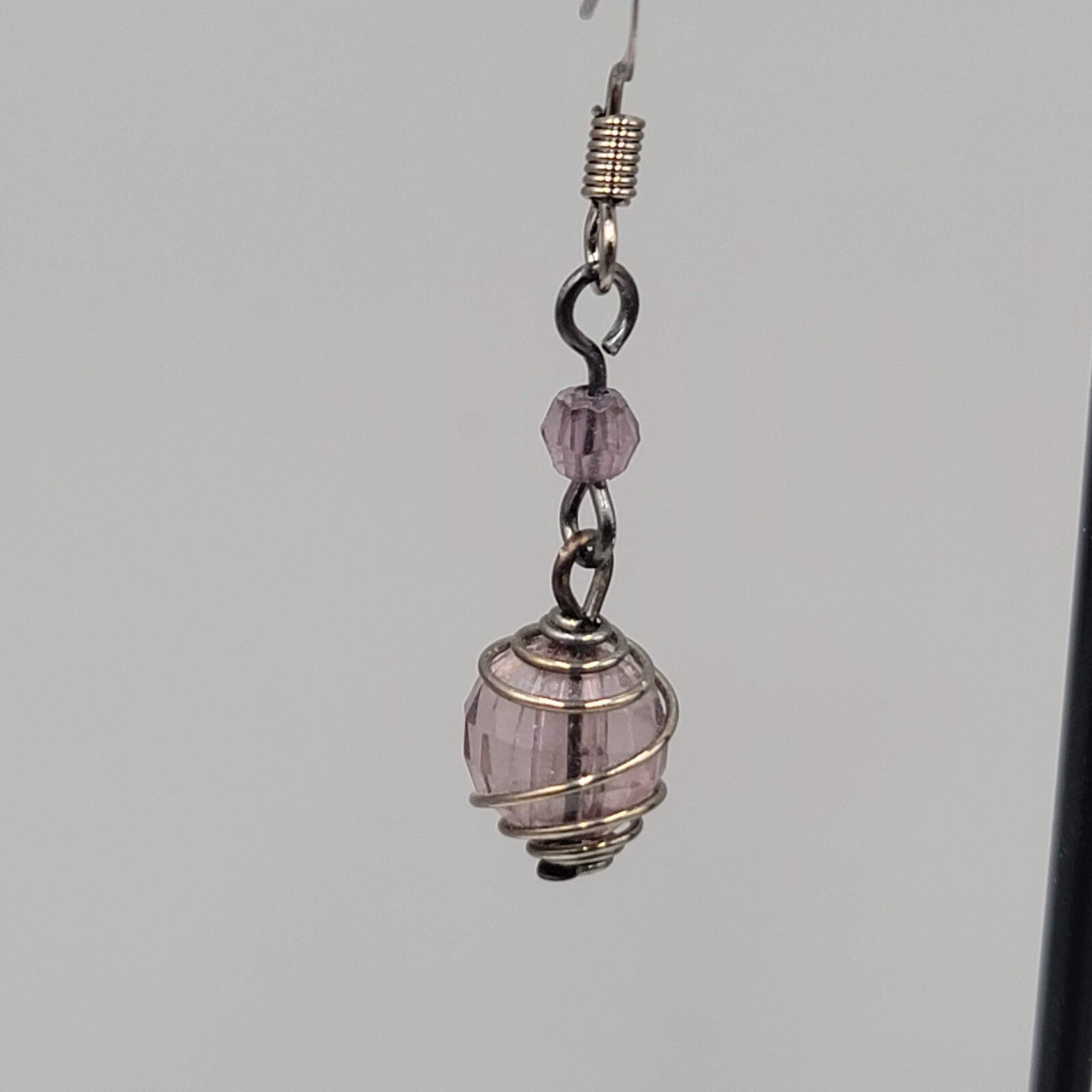 Purple Caged Bead Pierced Earrings Black Metal Dangle 1"