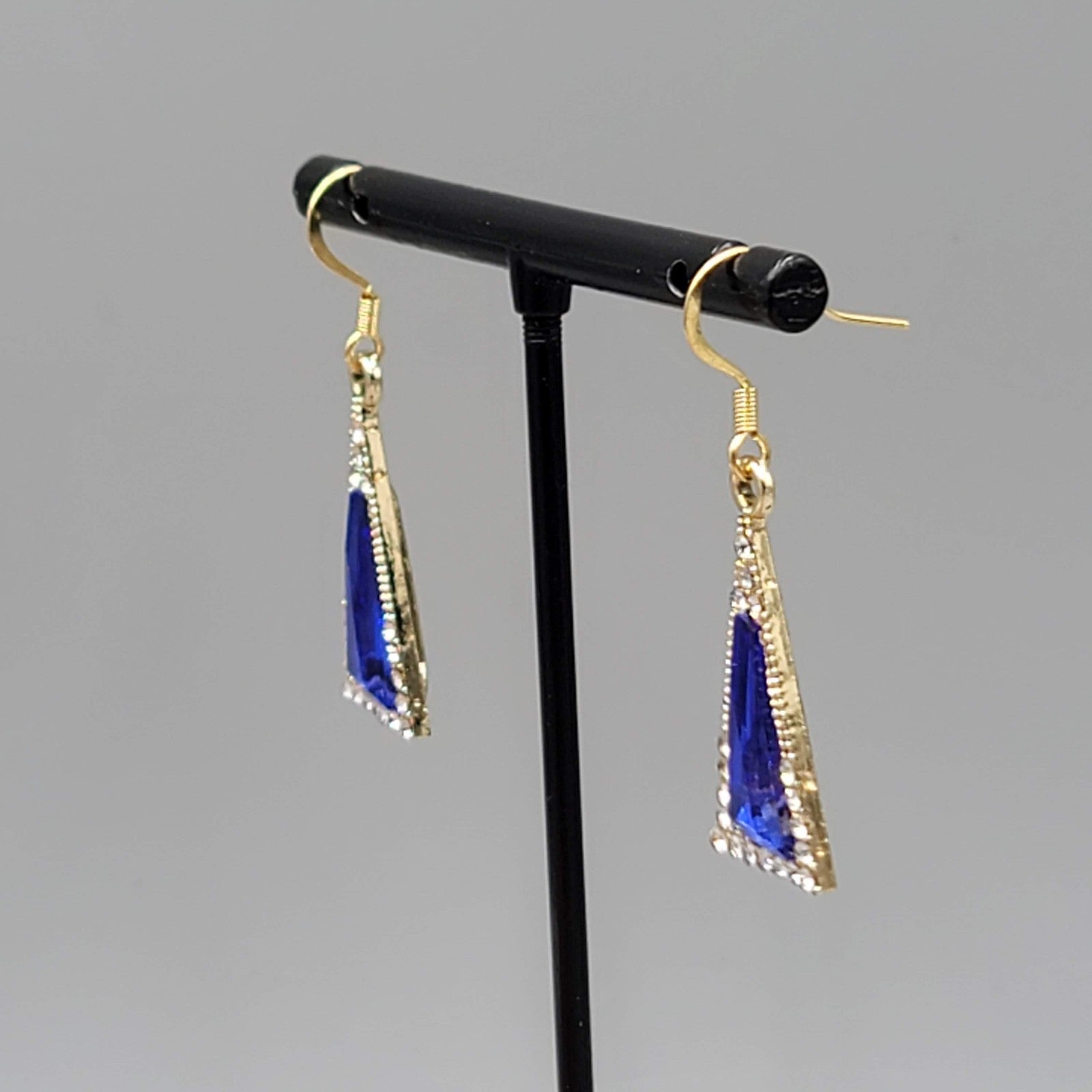 Blue Rhinestone Triangle Pierced Earrings Gold tone Dangle 7/8"