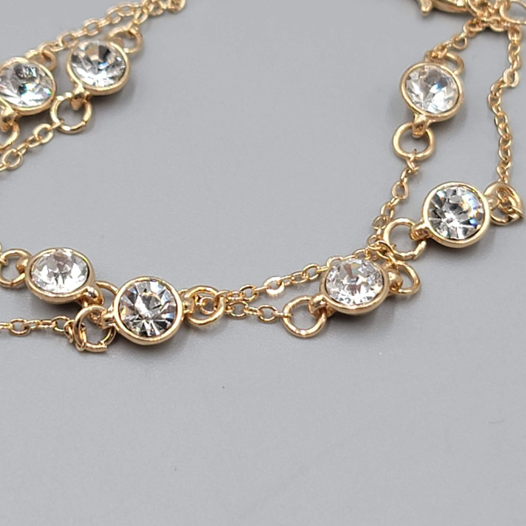 Double Chain Station Rhinestone Bracelet Gold tone 7"-8.75" Adj