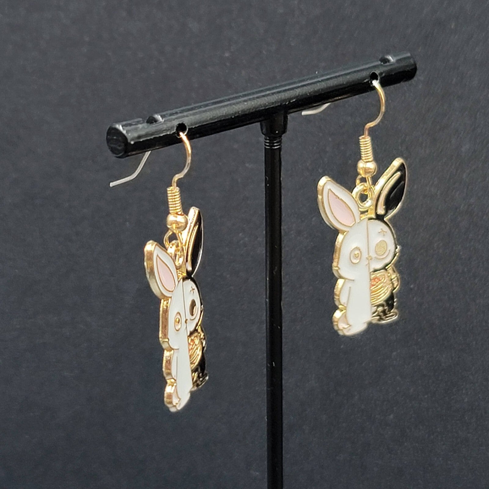 Zombie Rabbit Bunny Pierced Earrings Halloween Half Skeleton Enamel Dangle 1"