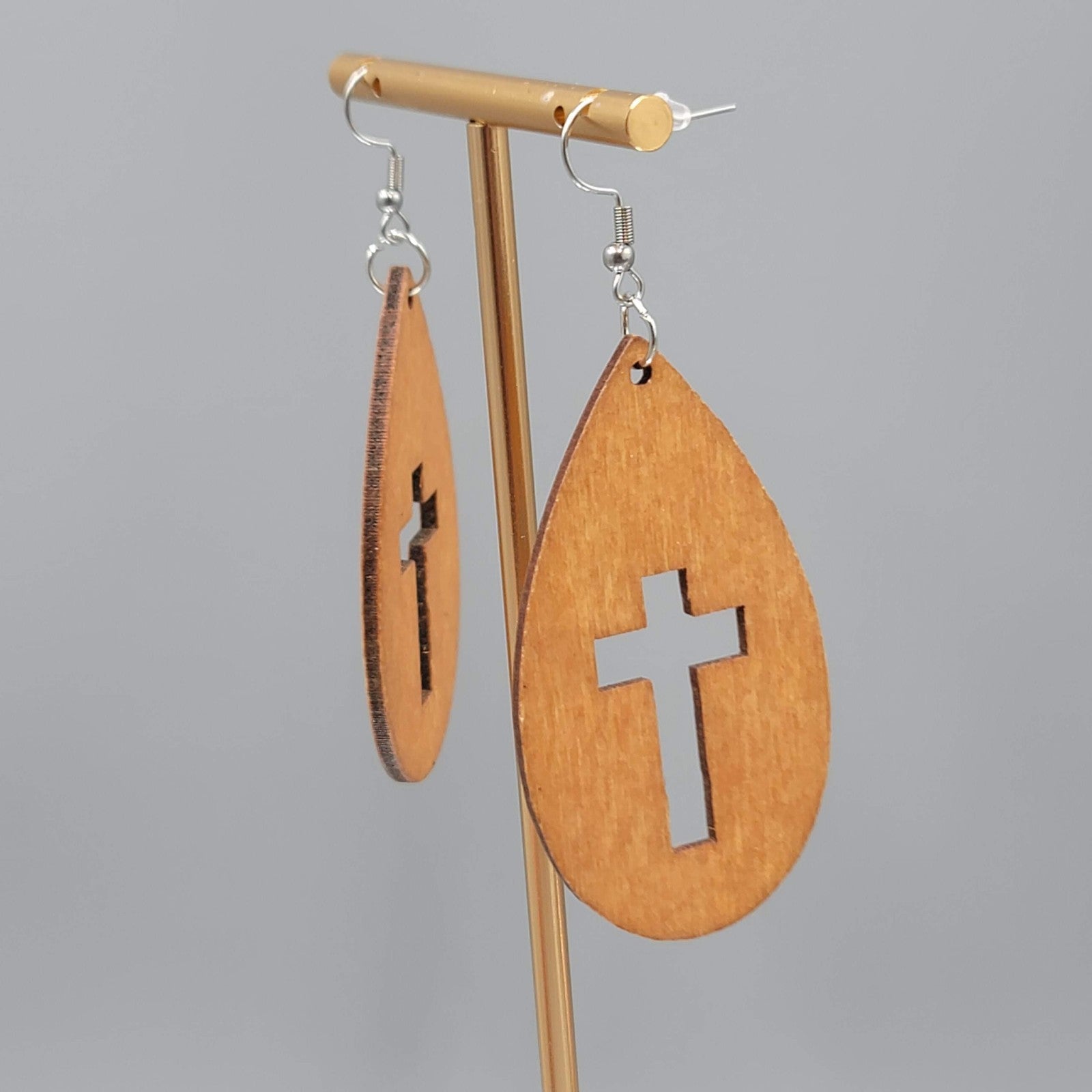 Wood Cut Large Boho Pierced Earrings Silver tone Dangle 2.25 in