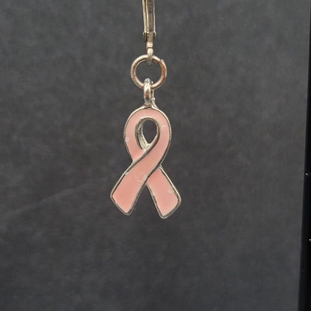 Pierced Earrings Silver tone Pink Enamel Breast Cancer Awareness Ribbon 3/4"
