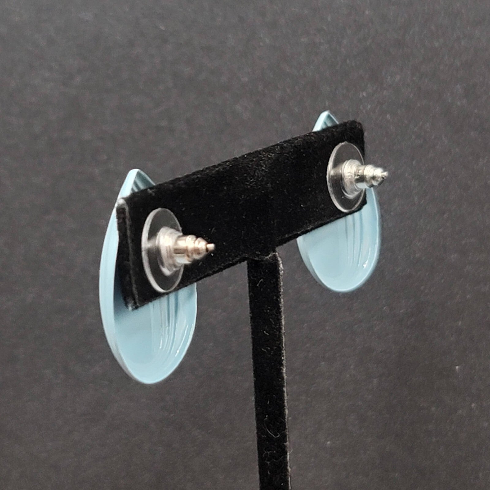 Vintage Pierced Earrings Blue Enamel over Metal Teardrop 1"