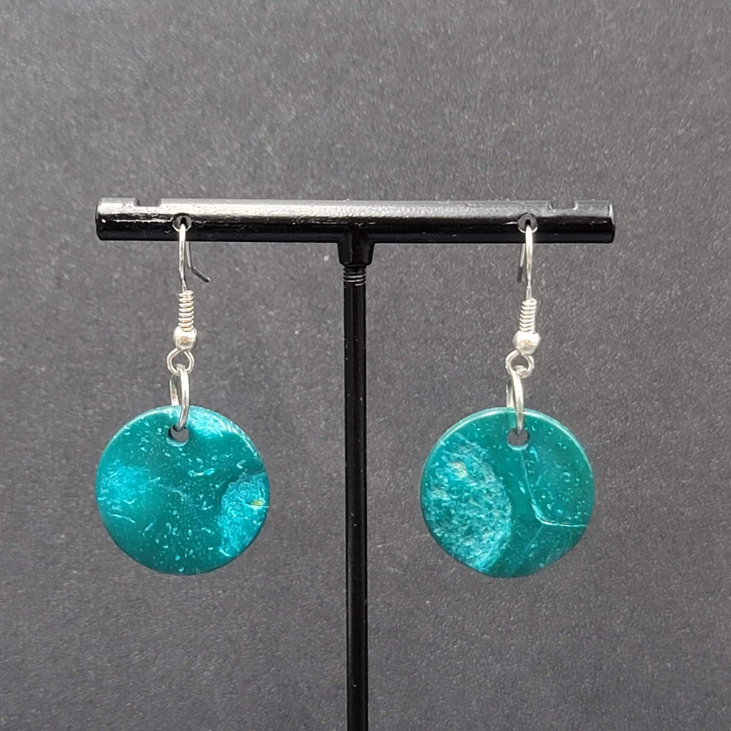 Pierced Earrings Teal Blue Coir Coconut Shell Round Dangle 3/4"
