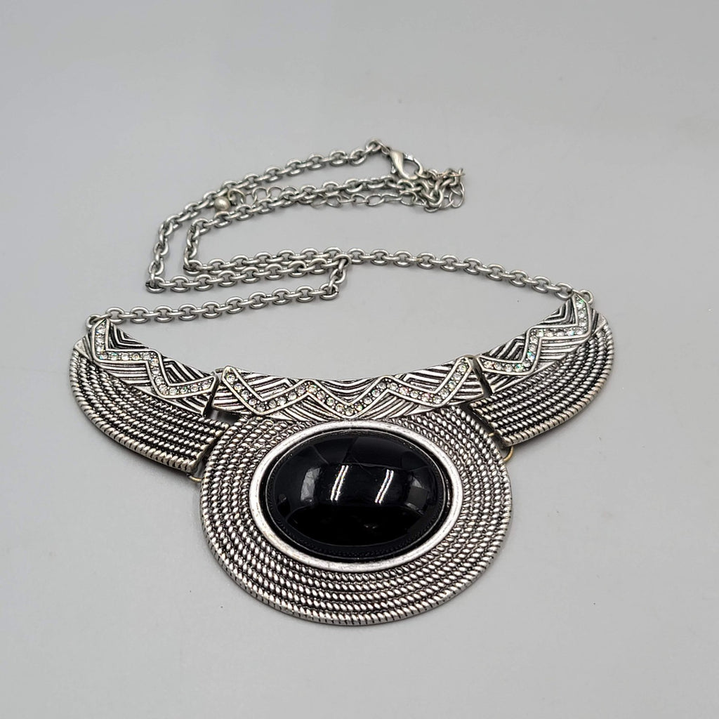 Silver tone Bib Statement Necklace Black Cabochon 20"