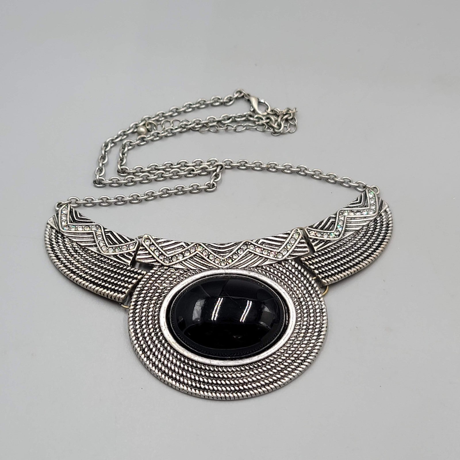 Silver tone Bib Statement Necklace Black Cabochon 20"