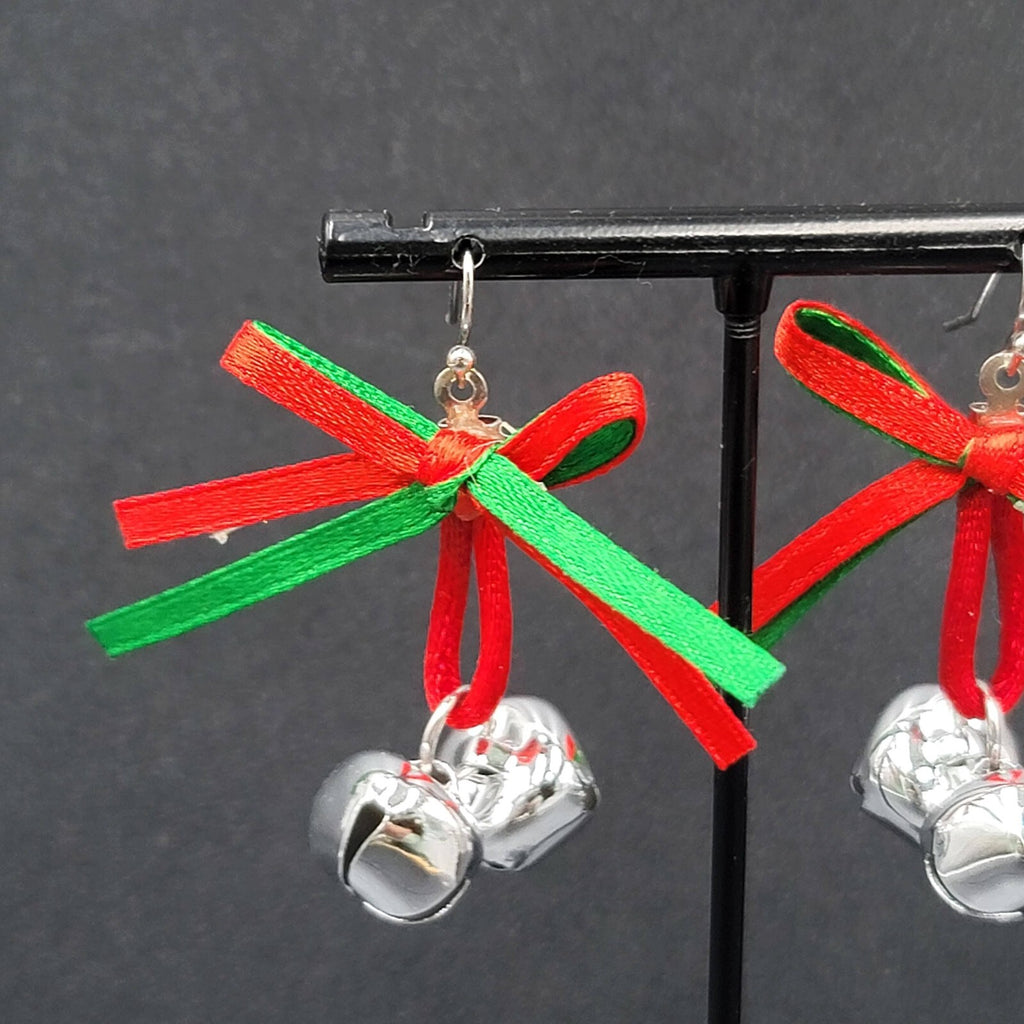 Christmas Holiday Pierced Earrings Ribbon Jingle Bells 1.5"