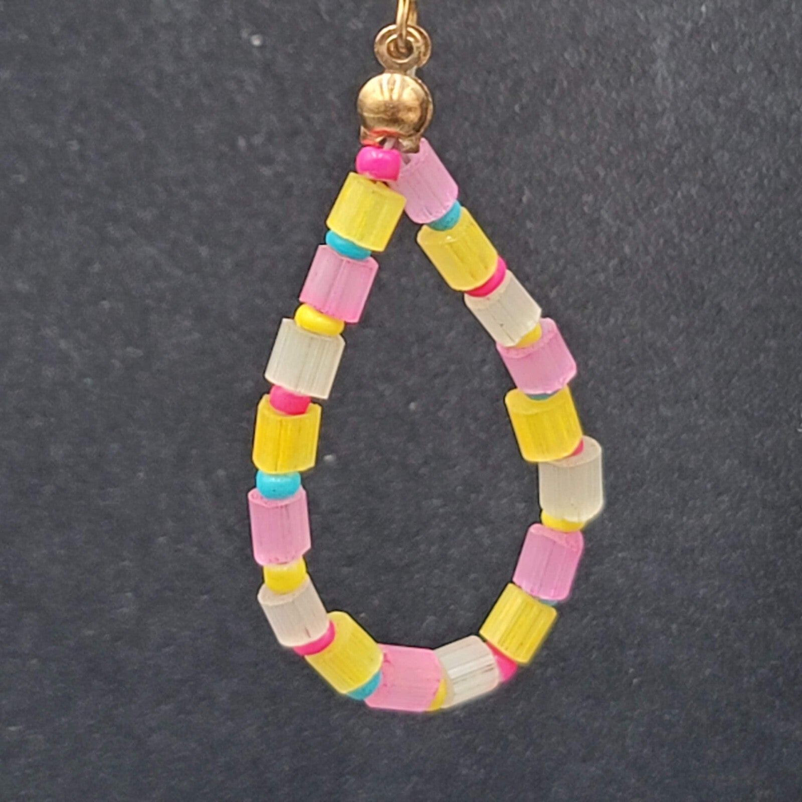 Pierced Earrings Blue Yellow Pink Beaded Teardrop Hoops 1.75"