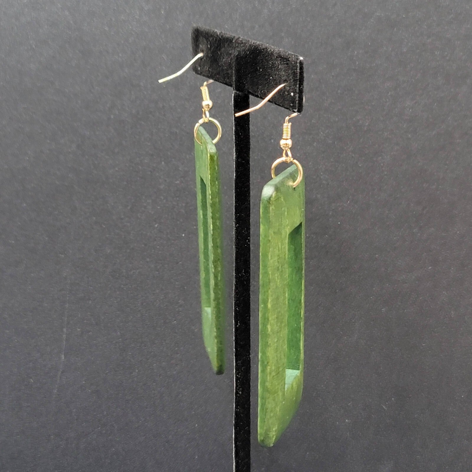 Pierced Earrings Large Green Wood Rectangle Statement Dangle 2.75"