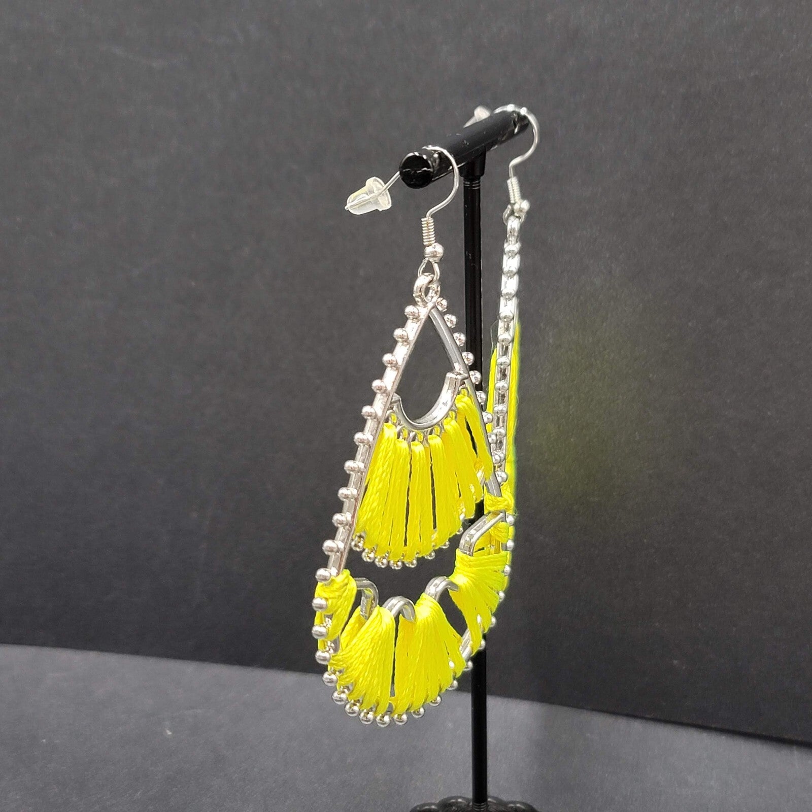 Pierced Earrings Silver tone Teardrop Yellow String Art Dangle 2.5"