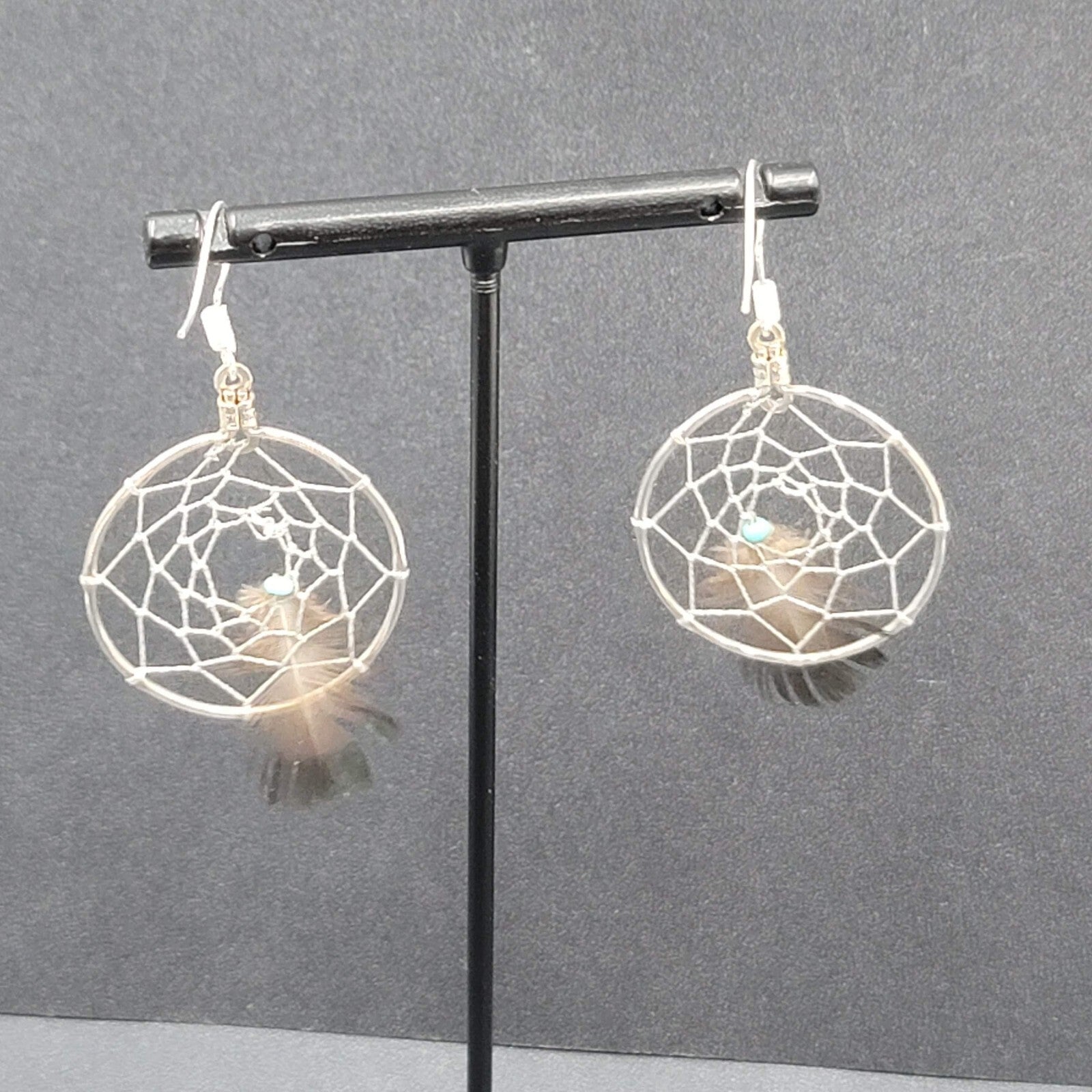 Vintage Pierced Earrings Silver tone Dreamcatcher Real Feather  1.5"
