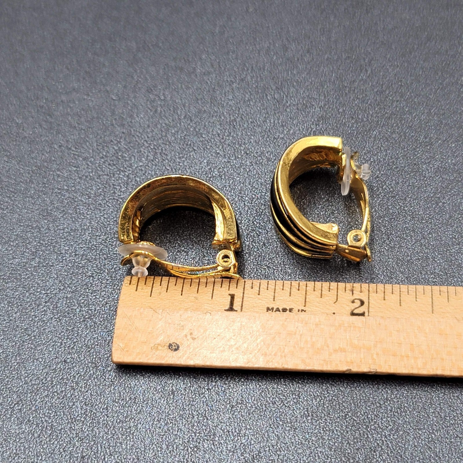 Vintage Clip on Earrings Large Gold Plated Black Enamel Drop Half Hoops 1"