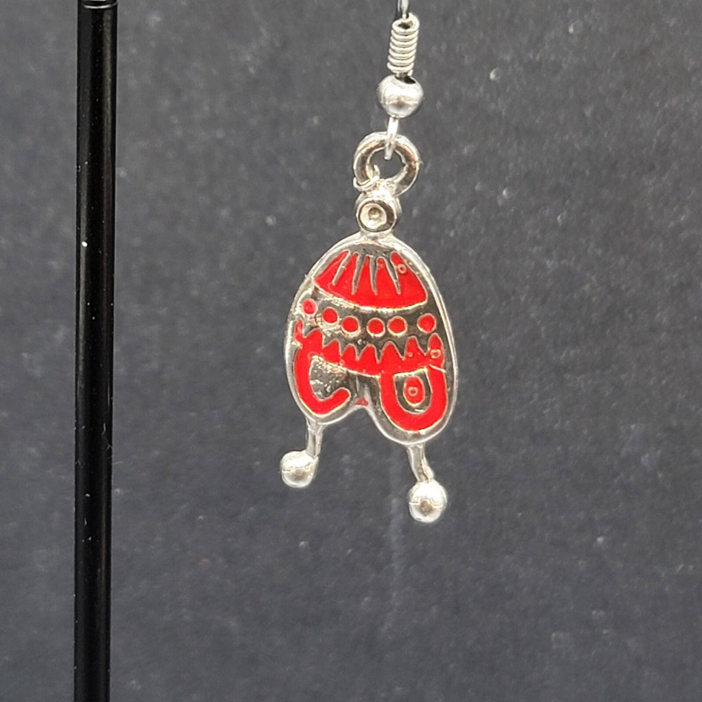 Pierced Earrings Silver tone Red Enamel Winter Hat Dangle 1 1/8"