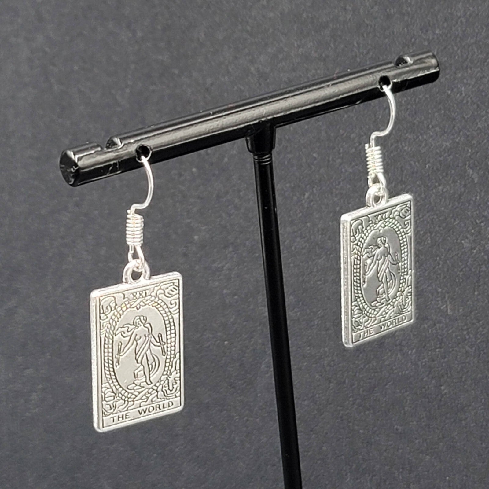 The WORLD Tarot Card Pierced Earrings Silver tone 1"