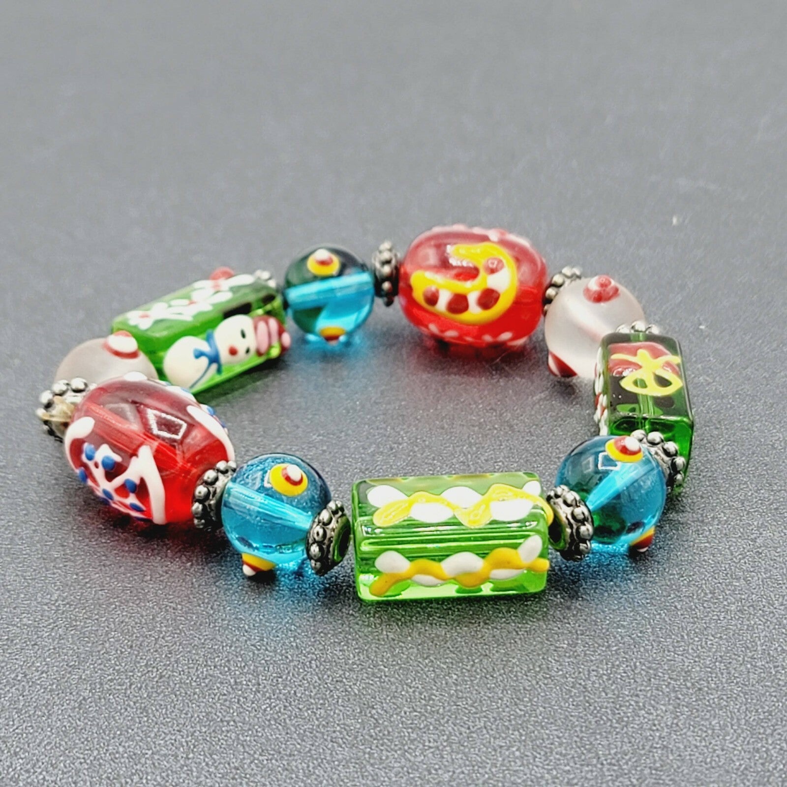 Christmas Art Glass Bead Stretch Bracelet Hand Painted Snowman Snowflake