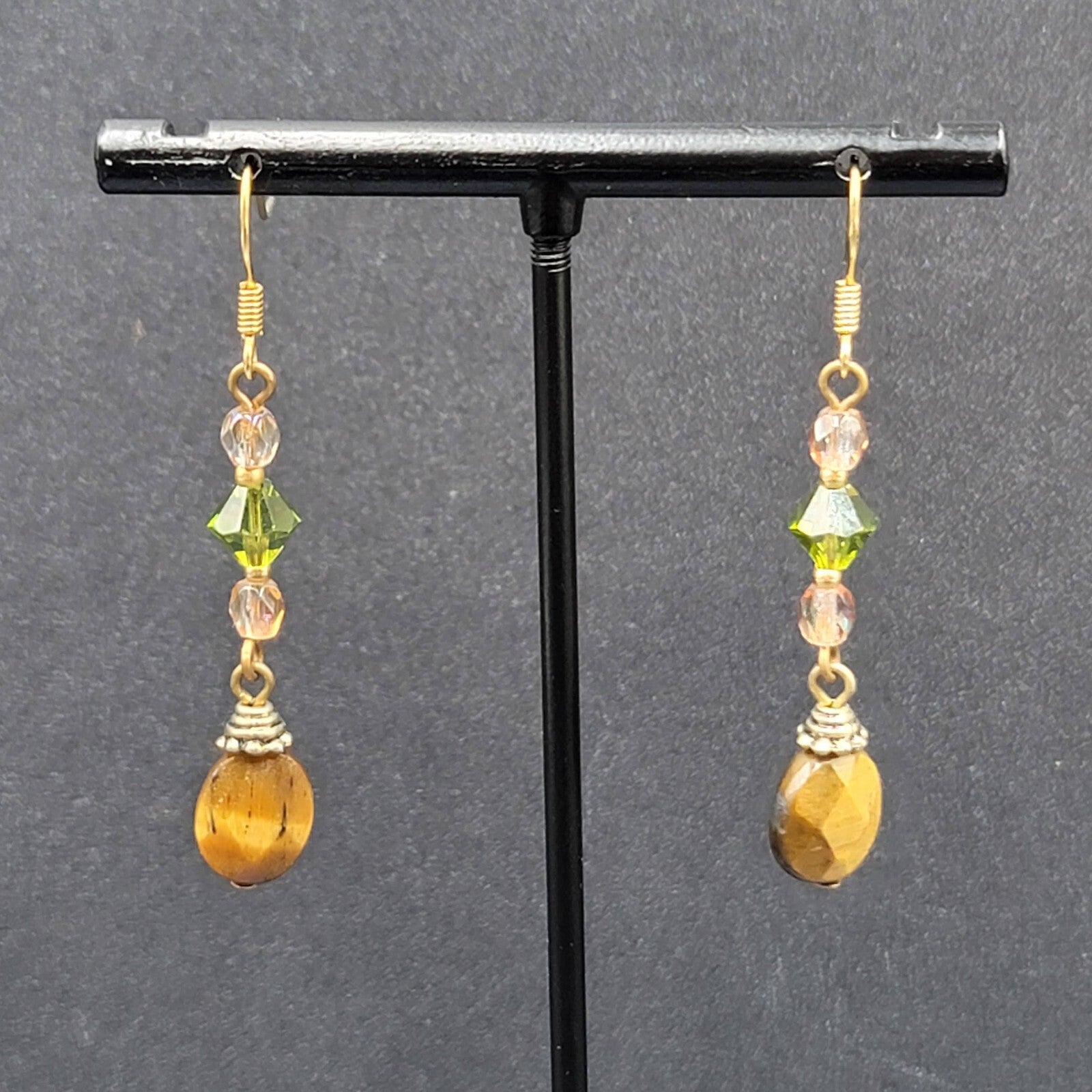 Pierced Earrings Tigers Eye Pink Green Crystal Bead 1.5"