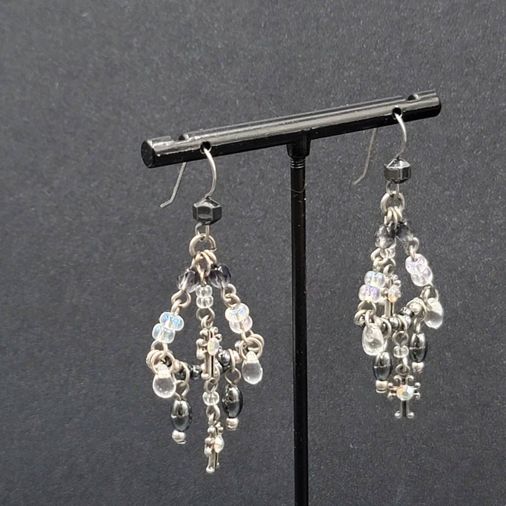 Pierced Earrings Silver tone Black Hematite AB Cross Chandelier Beads 1.75"