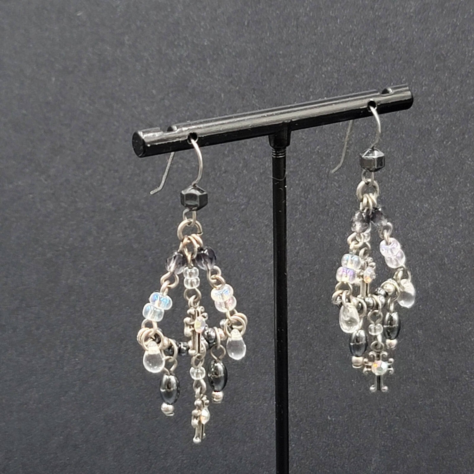 Pierced Earrings Silver tone Black Hematite AB Cross Chandelier Beads 1.75"