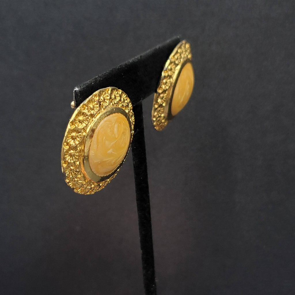 Vintage Pierced Earrings Gold Plated Large Round Enamel 1.25"