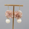 Frilly Pink White Bead Pierced Earrings Gold tone Dangle 1.75"