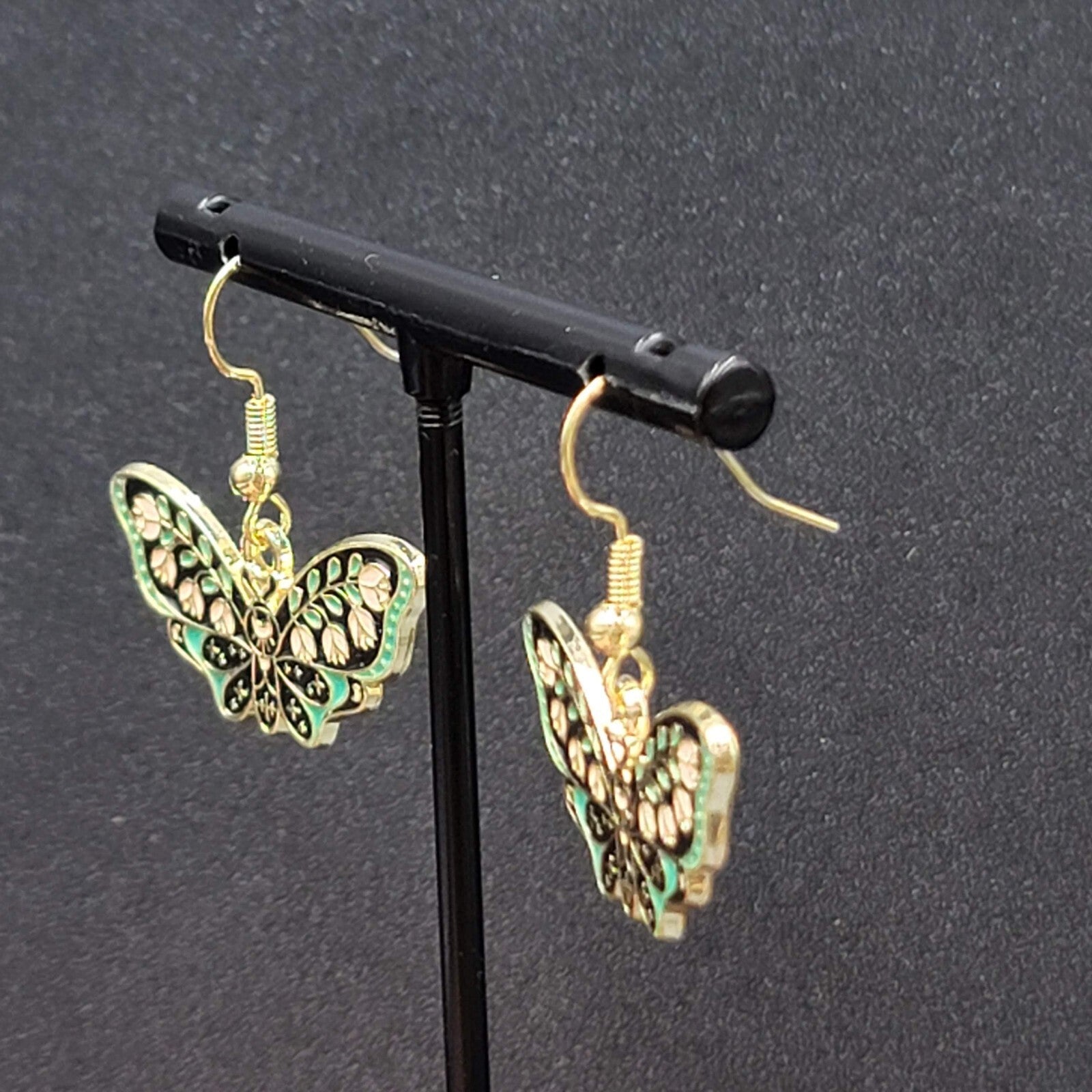 Moth Pierced Earrings Gold tone Green Pink Black Enamel Dangle 1/2"