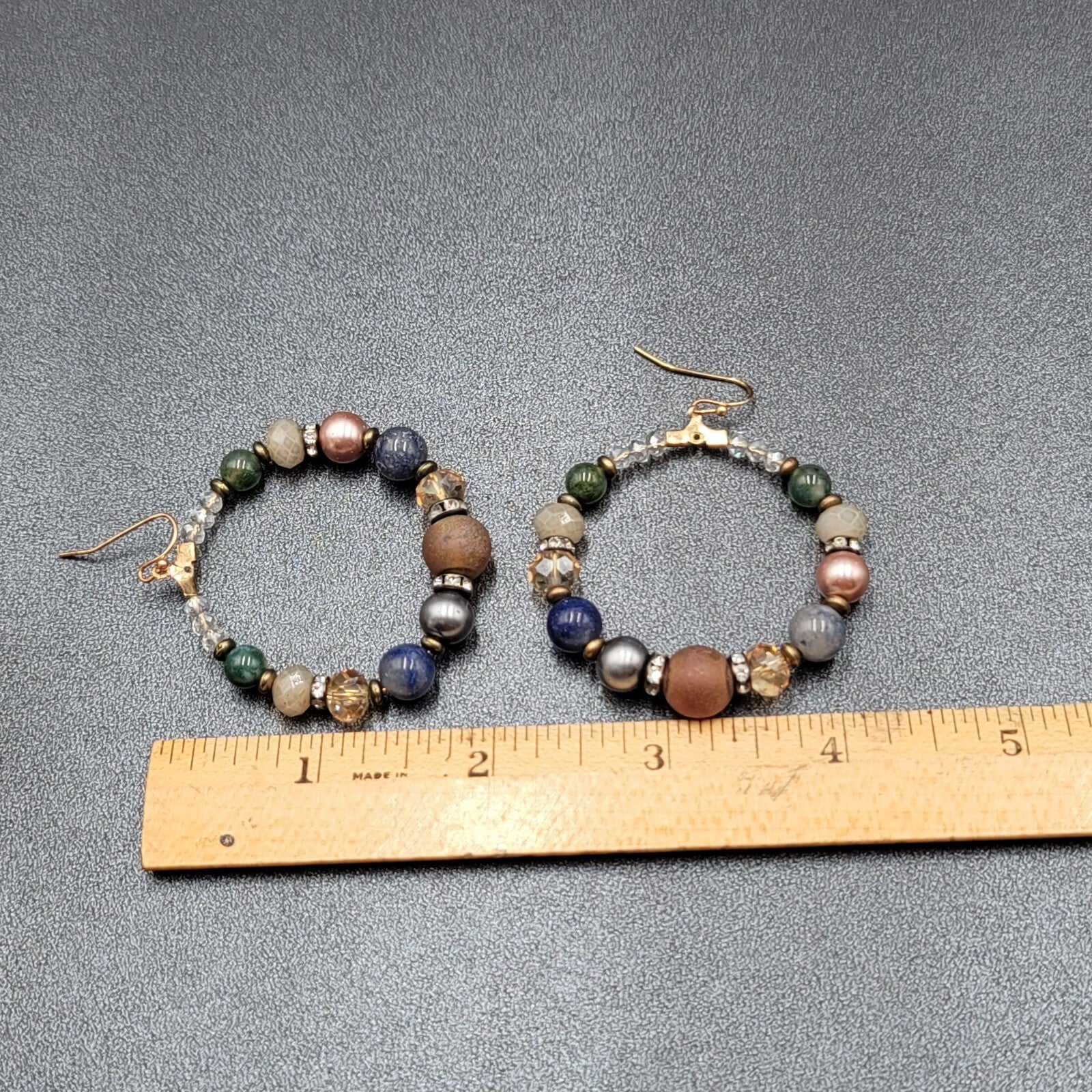 Pierced Earrings Multicolor Stones and Beads Large Hoops 2"