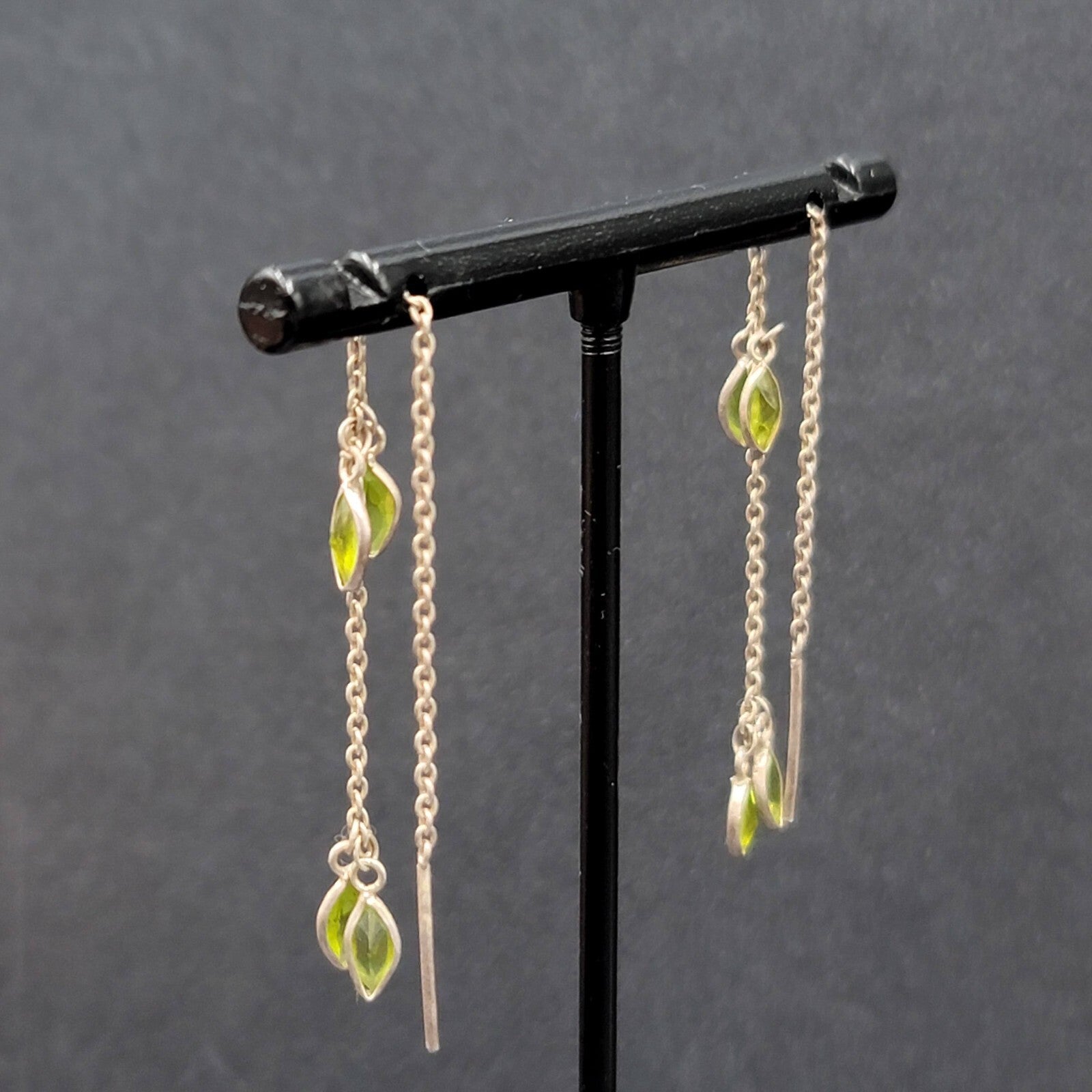 Pierced Earrings Silver tone Green Crystal Stone Threaders 4"