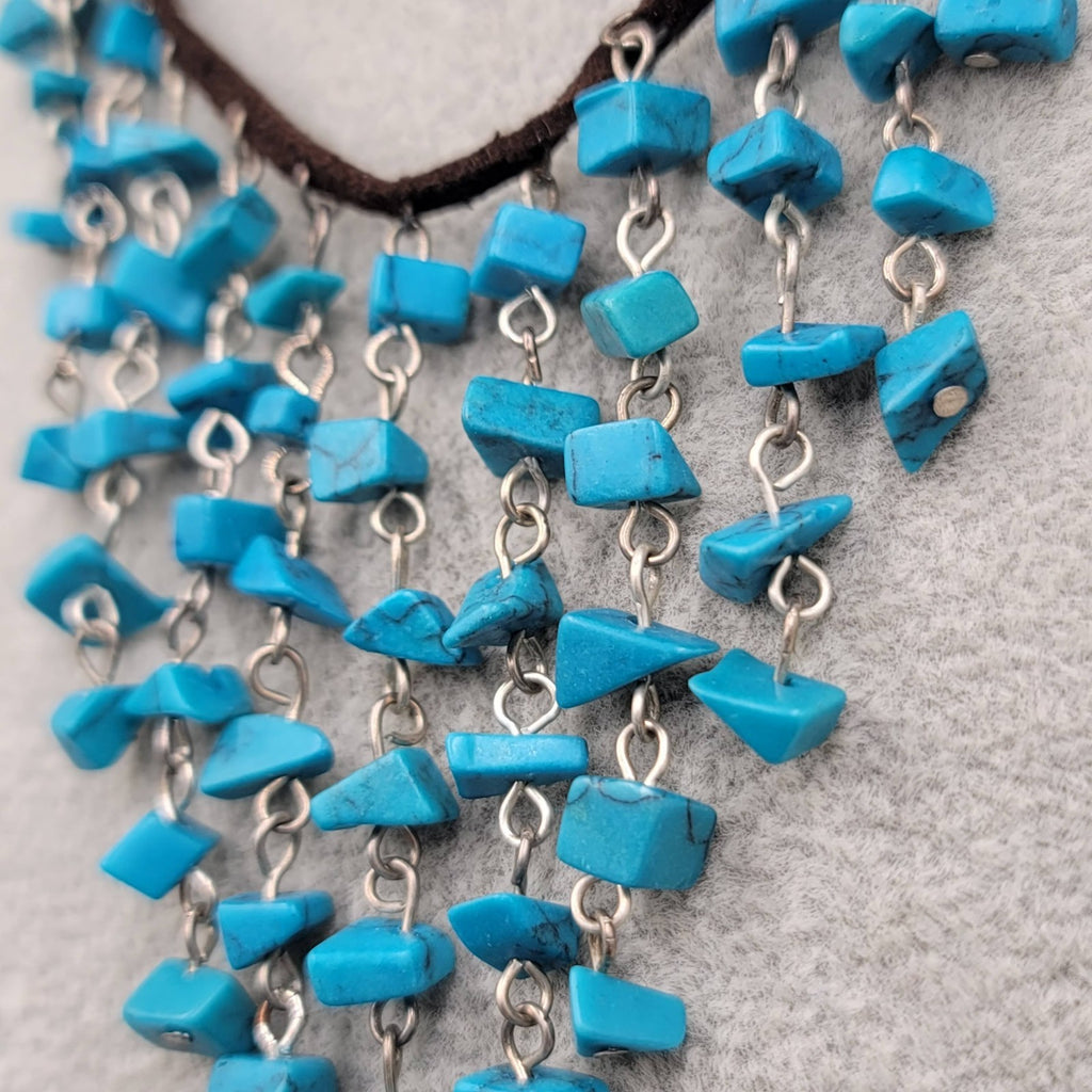 Blue Howlite Stone Chip Beads Waterfall Necklace Brown Suede Leather 16"-20"