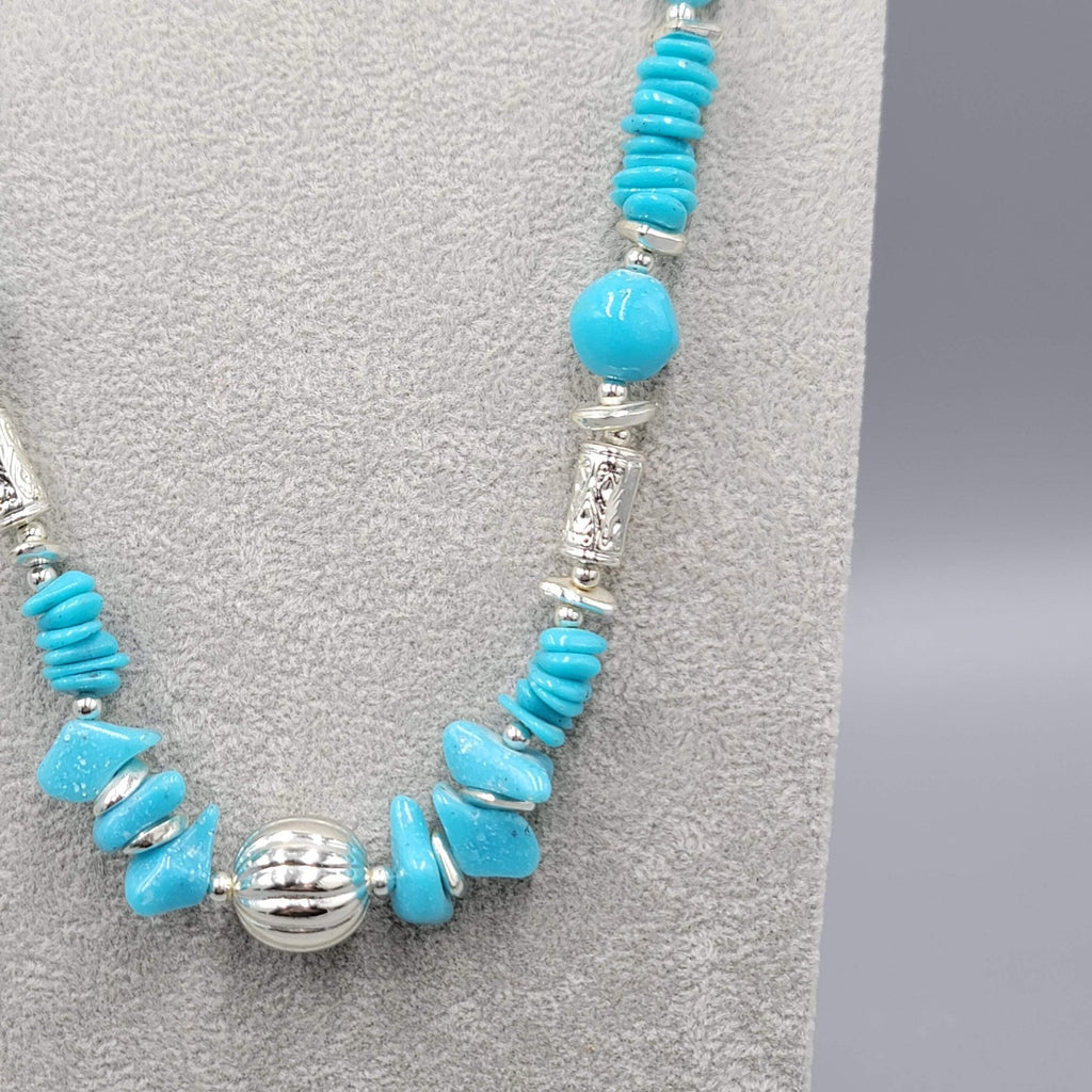 Vintage Bright Blue and Silver tone Bead Necklace 28"