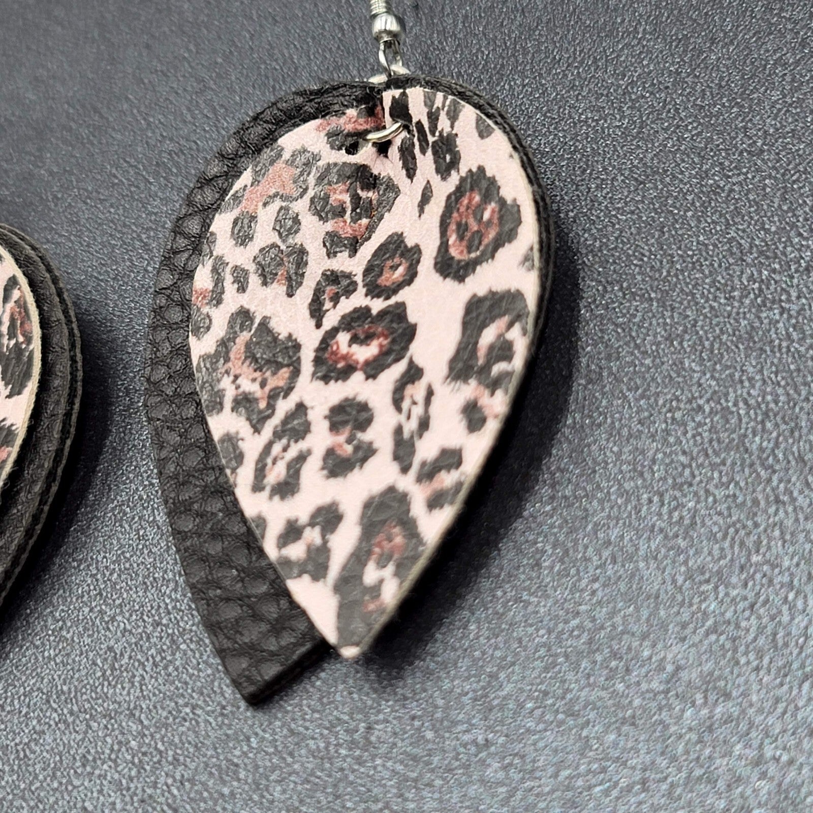 Pierced Earrings Faux Leather Leopard Print Layered Dangle 2.25"