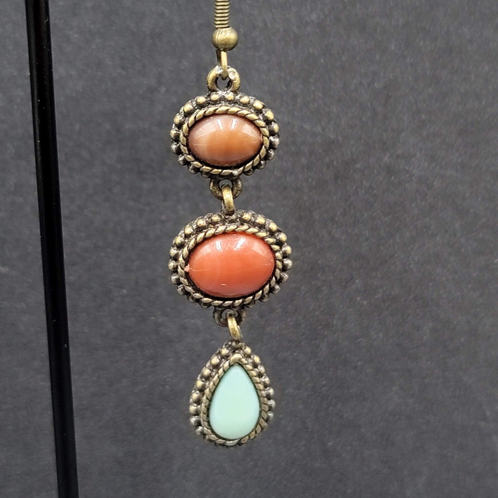 Pierced Earrings Bronze tone Dark Red Light Blue Dangle 2"