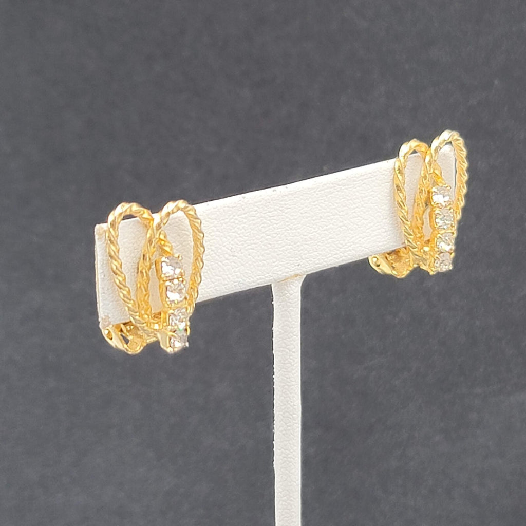 Vintage Clip on Earrings Textured Gold tone Rhinestone Drop 3/4"