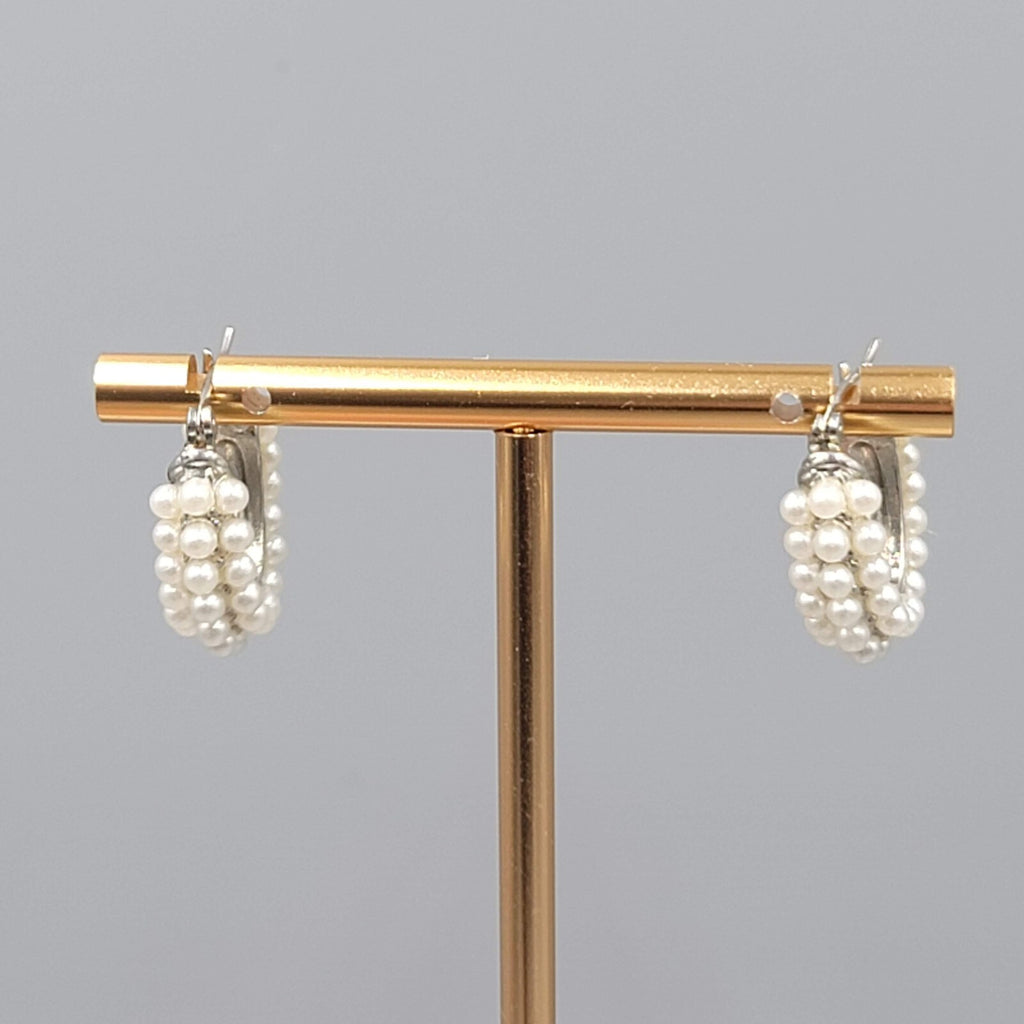 Hoop Pierced Earrings White Beaded Hoops Silver tone 3/4"