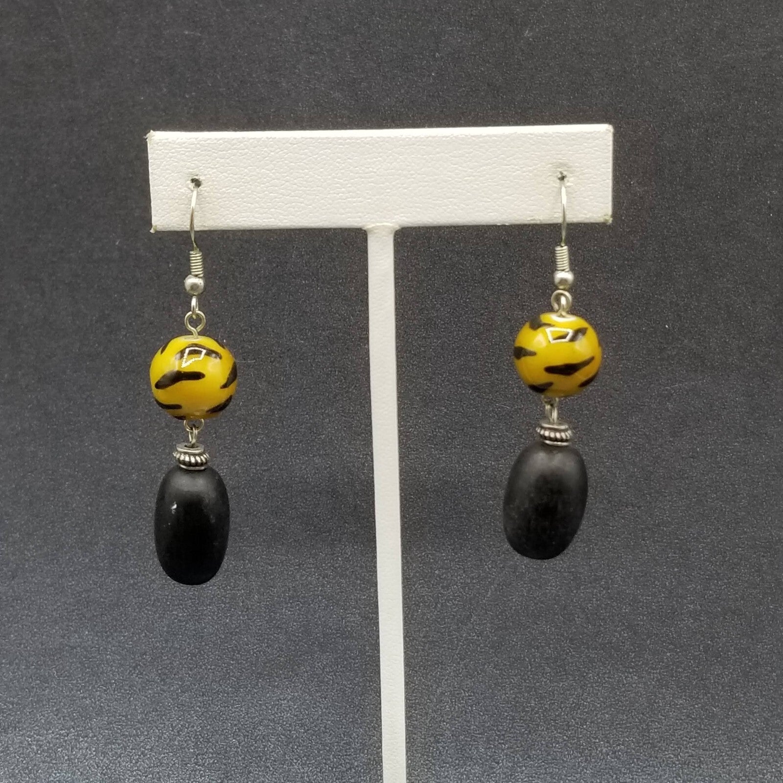 Pierced Earrings Glass Wood Bead Boho Dangle 1 1/2"
